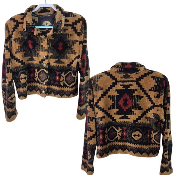 County Canada Cheyenne Southwest Brown Black Red Fleece Jacket Sweater Cardigan - Picture 1 of 3